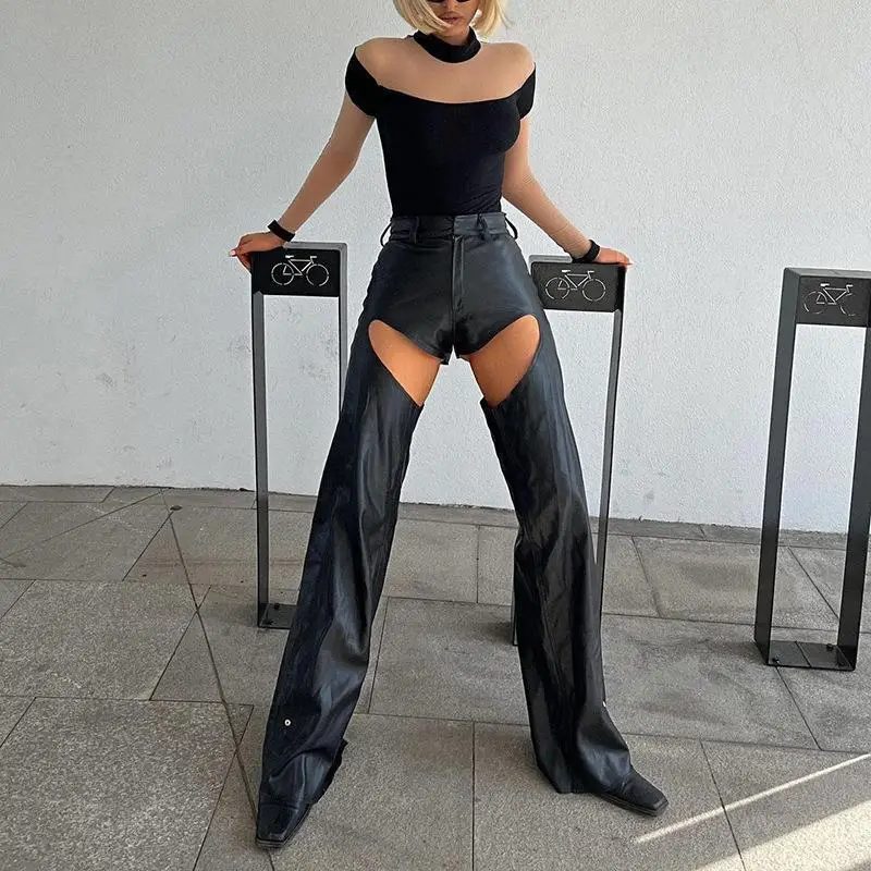 Spring New Women Leather Pants Black Hollow Out Pu Leather High Waist Female Straight Pants Fashion Trend All-Matched Trousers