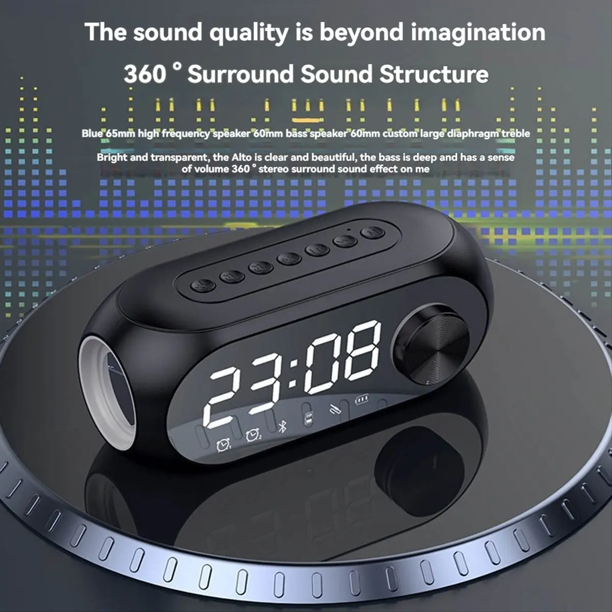 Alarm Clock Portable Bluetooth Speaker Radio FM Subwoofer Wireless Sound Box Music Mini Woofers TF Card Multifunct Black