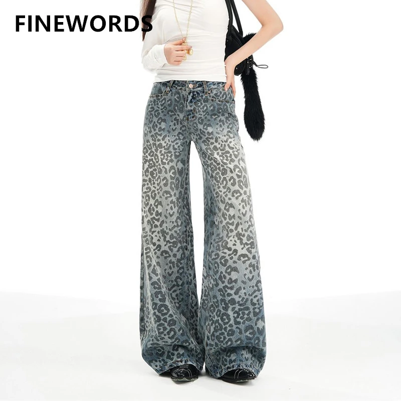 FINEWORDS Vintage Casual Korean Leopard Print Jeans Women Loose Full Length Wide Leg Jeans Easymatch Baggy Denim Pants