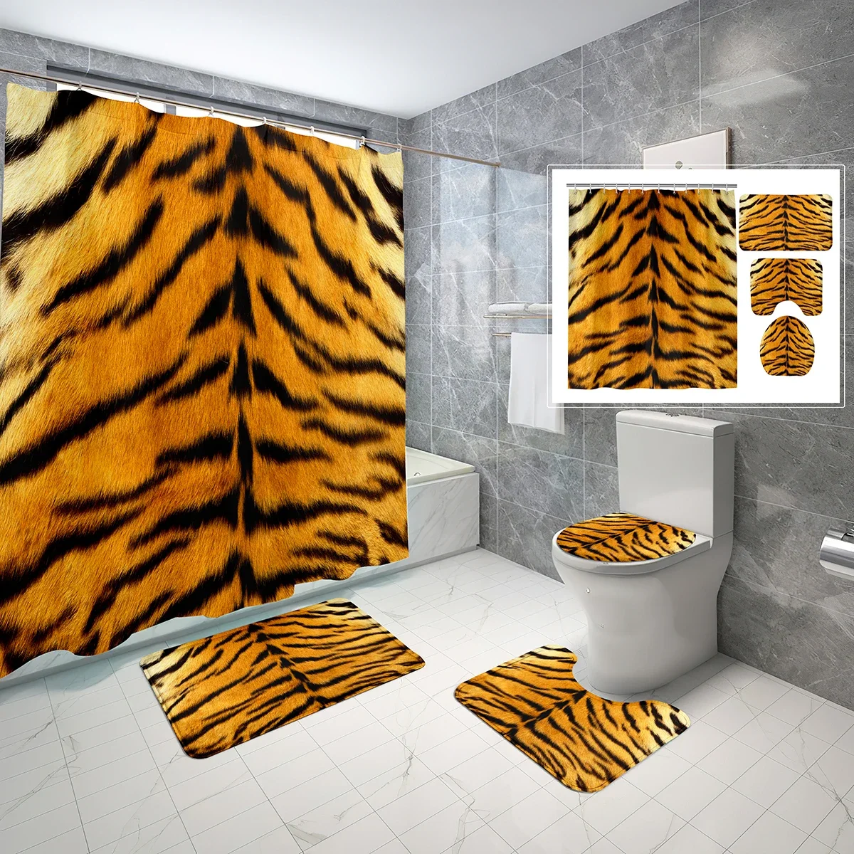 4 Pcs Animal Fur Theme Shower Curtain Sets Hd Leopard Print Pattern Non-slip Bath Mat Toilet Lid Waterproof Shower Curtain Sets