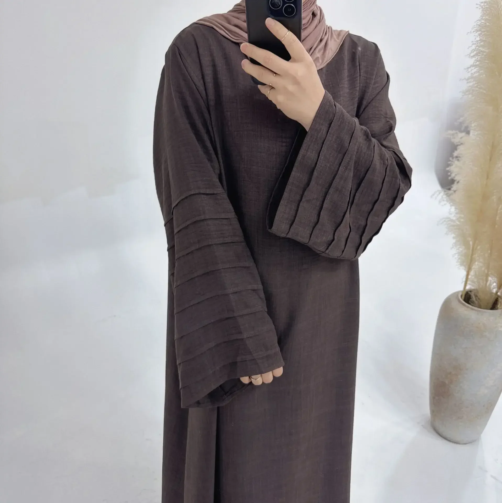 

Однотонные мусульманские платья Abaya для женщин, коричневые Abayas с многоярусным рукавом, Дубай, роскошная Турецкая ИД, мусульманская одежда, женское платье-хиджаб