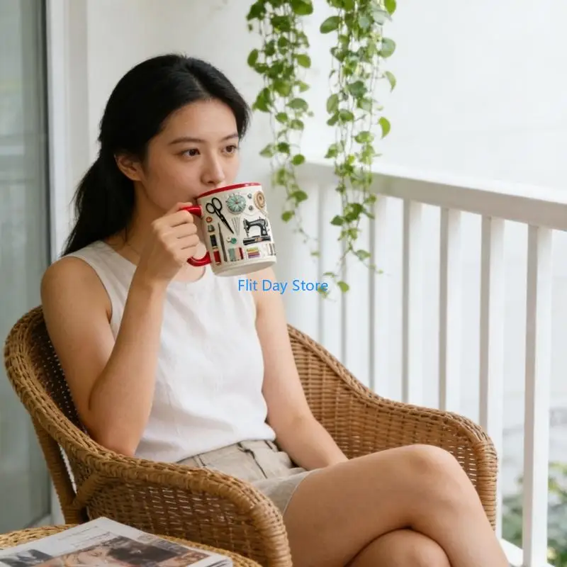 F92C Artistic Sewing Inspired Ceramic Cup Microwave Safe And Dishwasher Friendly Drinking Mug For Daily Use