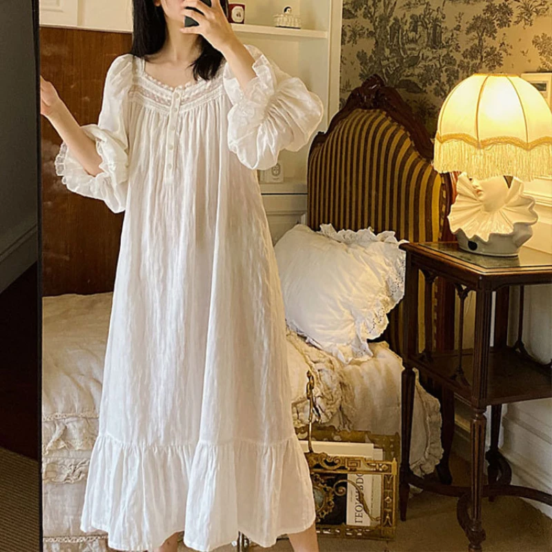 Spring Autumn Full Sleeves Long Night Dress Victorian Romantic Princess Sleepwear Home Wear Women Pure Cotton Vintage Nightgowns