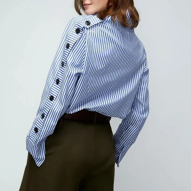 Fashion Side Buttoned Long Sleeve Blouses Women Spring Turtleneck Elegant Office Top Pullover Autumn Striped Print Street Shirts