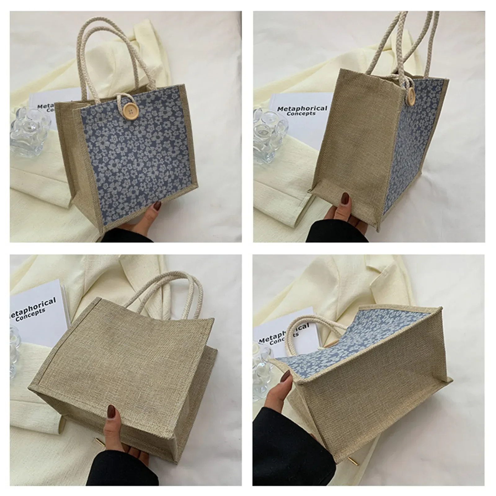 Bolso de mano de lino con patrón de flores para mujer, bolsa de diseñador de moda, bolso de compras conveniente de gran capacidad, bolsa de