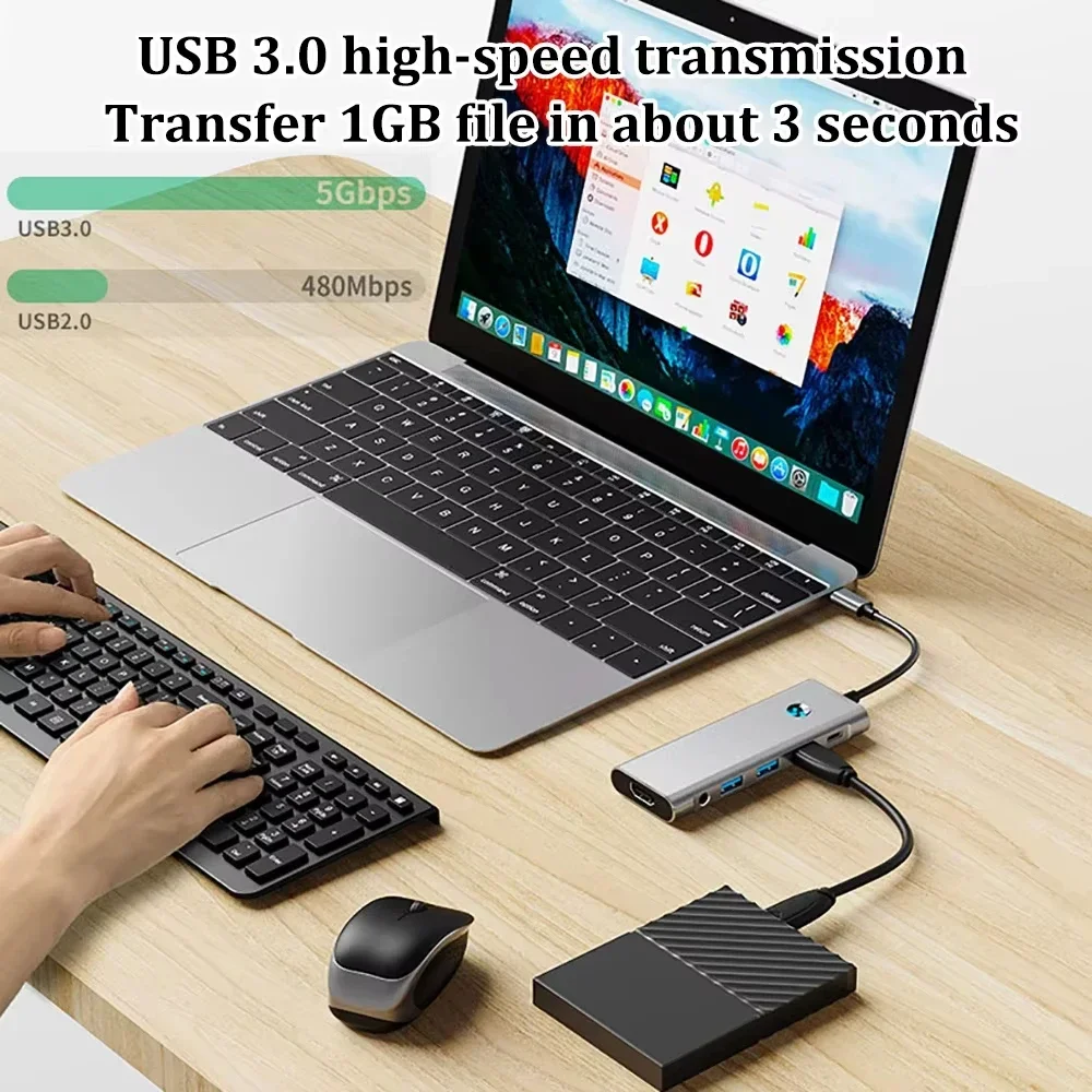 محطة إرساء USB C 9-IN-1 TYPE-C HUB إلى HDMI 4K 60 هرتز مع زر إيقاف الشاشة USB 3.0 5Gbps HUB 100W شحن سريع لجهاز MacBook