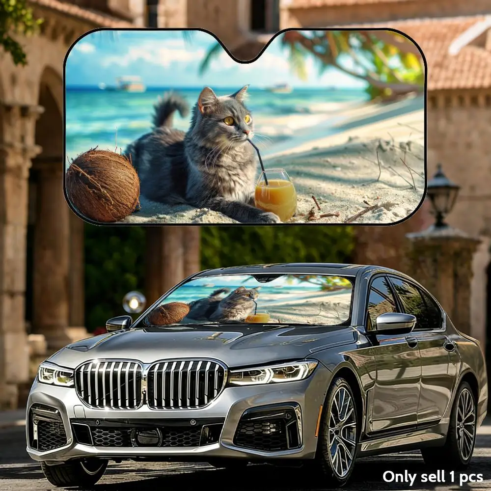 

Складной универсальный солнцезащитный козырек для автомобиля с изображением кошки, лежащей на пляже, защита от УФ-излучения, теплоизоляция, складная накидка