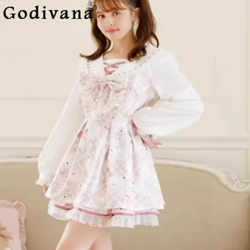 

Large Size Spring Autumn New Sweet Long Sleeve High Waist College Lolita Dress Playful Bow A-line Age Reduction Dresses Sets