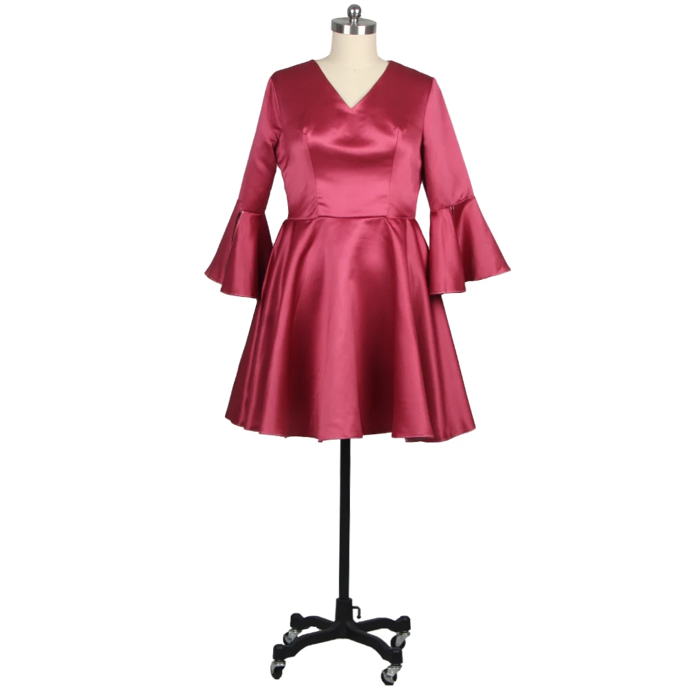 

Feelingarden Evening Dress V-Neck Full Sleeves Plus Size Zipper Back A-Line Burgundy Knee Length Satin Women Party Dresses E814