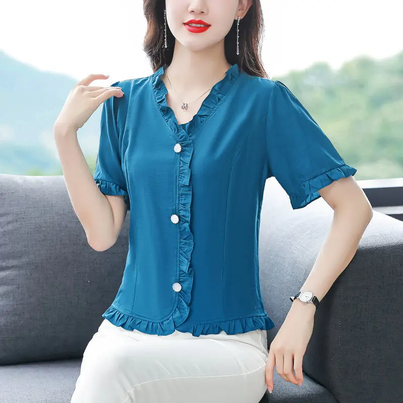 Elegant V-Neck Solid Color Chiffon Ruffles Shirt 2022 Summer Button Casual Tops Oversized Loose Women\'s Clothing Commute Shirt