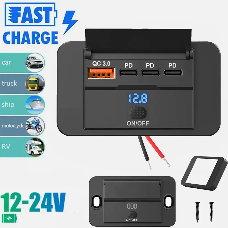 4Ports 12V 24V PD QC3.0 Autoladegerät Steckdosenadapter mit Schalter Schnelllade-Splitter-Steckdose für Bus RV ATV LKW Bootsteckdose