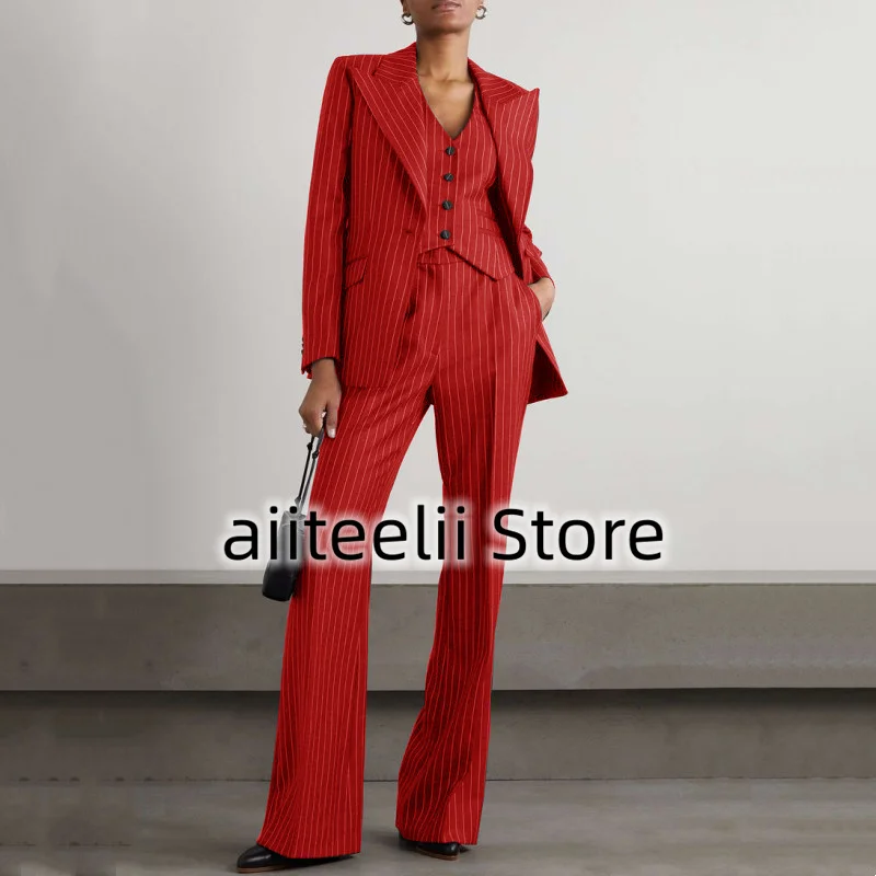 Veste à revers coupe couvertes rayée trempée pour femme, simple boutonnage, col en verre, mode professionnelle, 3 pièces