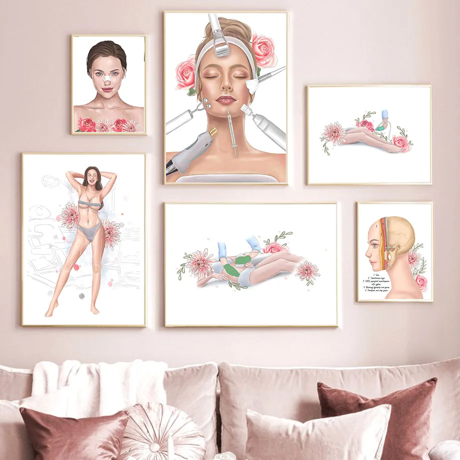 Nordic Wall Art Print for Beauty Salon, esteticista, mulher Faciais cartaz, pintura da lona, Girl Room Decor, imagens, médico, Spa