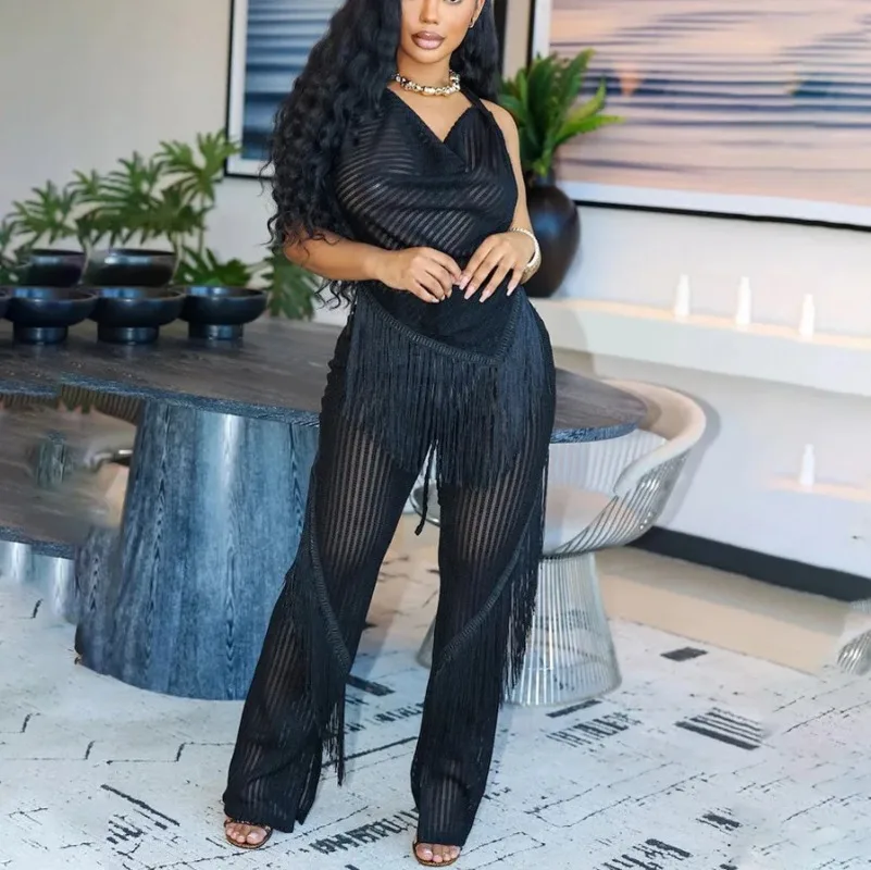 

2 Pieces Pants Sets for Woman 2025 New Summer Blouse Backless & Long Trousers With Tassel Fashion Ladies Outfits Pants Sets Hot