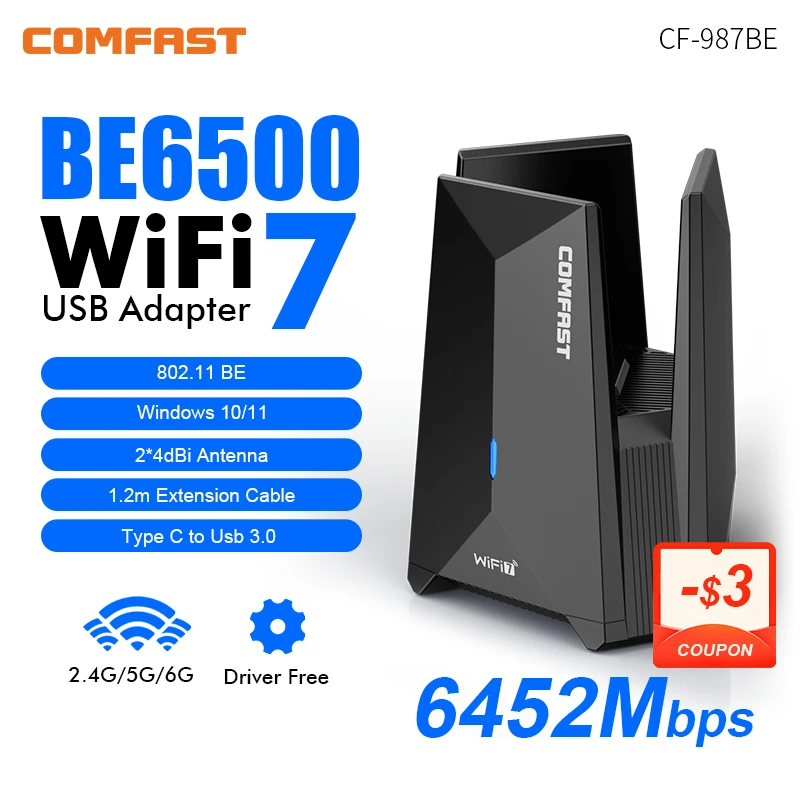 Comfast Adaptador Wifi 7 Adapter Usb 3.0 BE6500 6G/5G/2G Antena o wysokim wzmocnieniu Para Wifi7 PC Cle Odbiornik karty sieciowej Kabel przedłużający