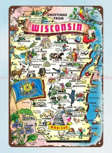 art cafe bar online Greetings from state map Wisconsin metal tin sign