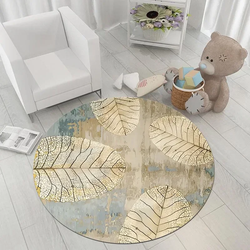 ~O~Nature-Inspired Round Rug – Artistic Feather & Leaf Floral Print Soft Floor Mat for Living Room & Home Decor