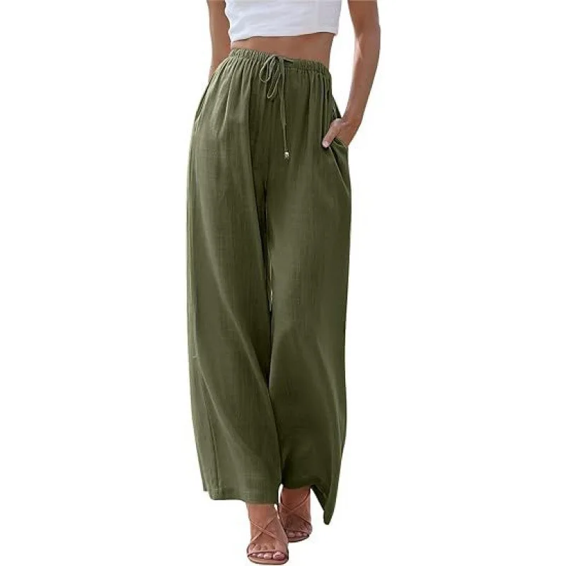Women's Summer Wide Leg Pants High Waist Elastic Drawstring Casual Loose Palazzo Trousers with Pockets