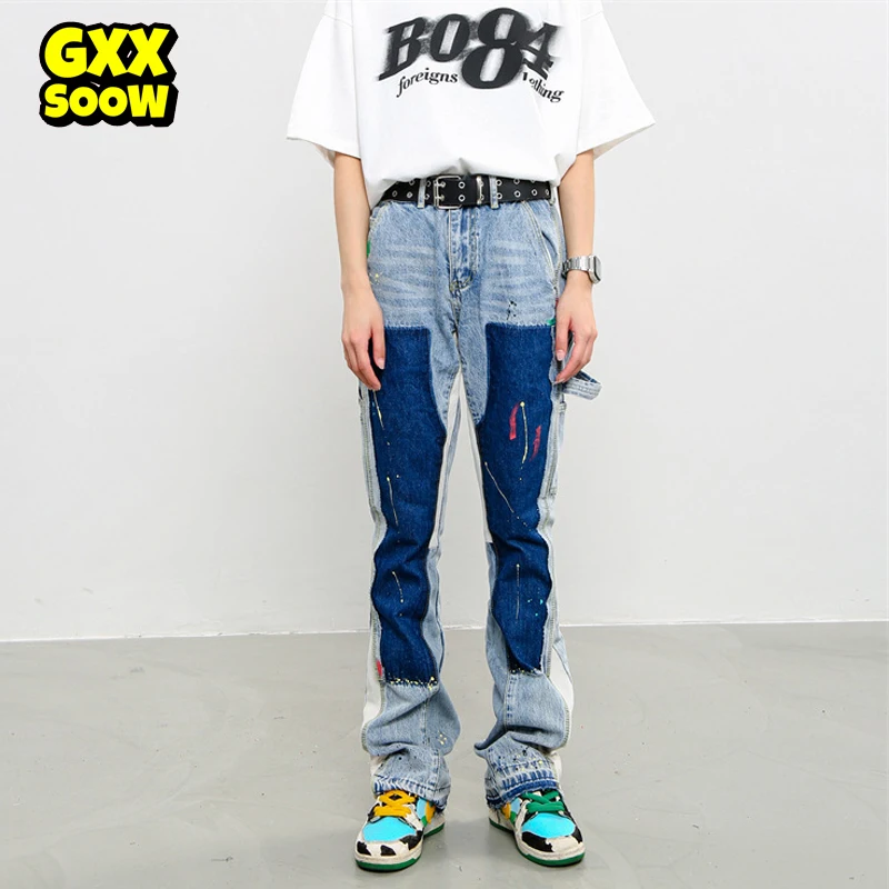 

Джинсы мужские винтажные с цветными вставками, уличные прямые брюки из денима в стиле пэчворк, повседневные