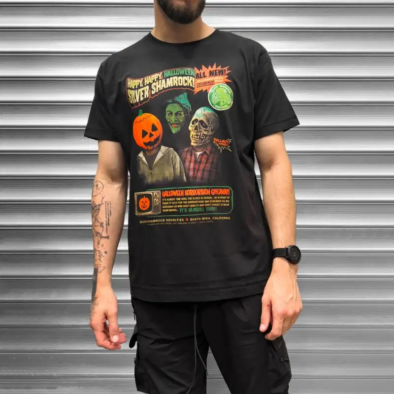 Silver Shamrock Halloween Mask Advert Mens T Shirt
