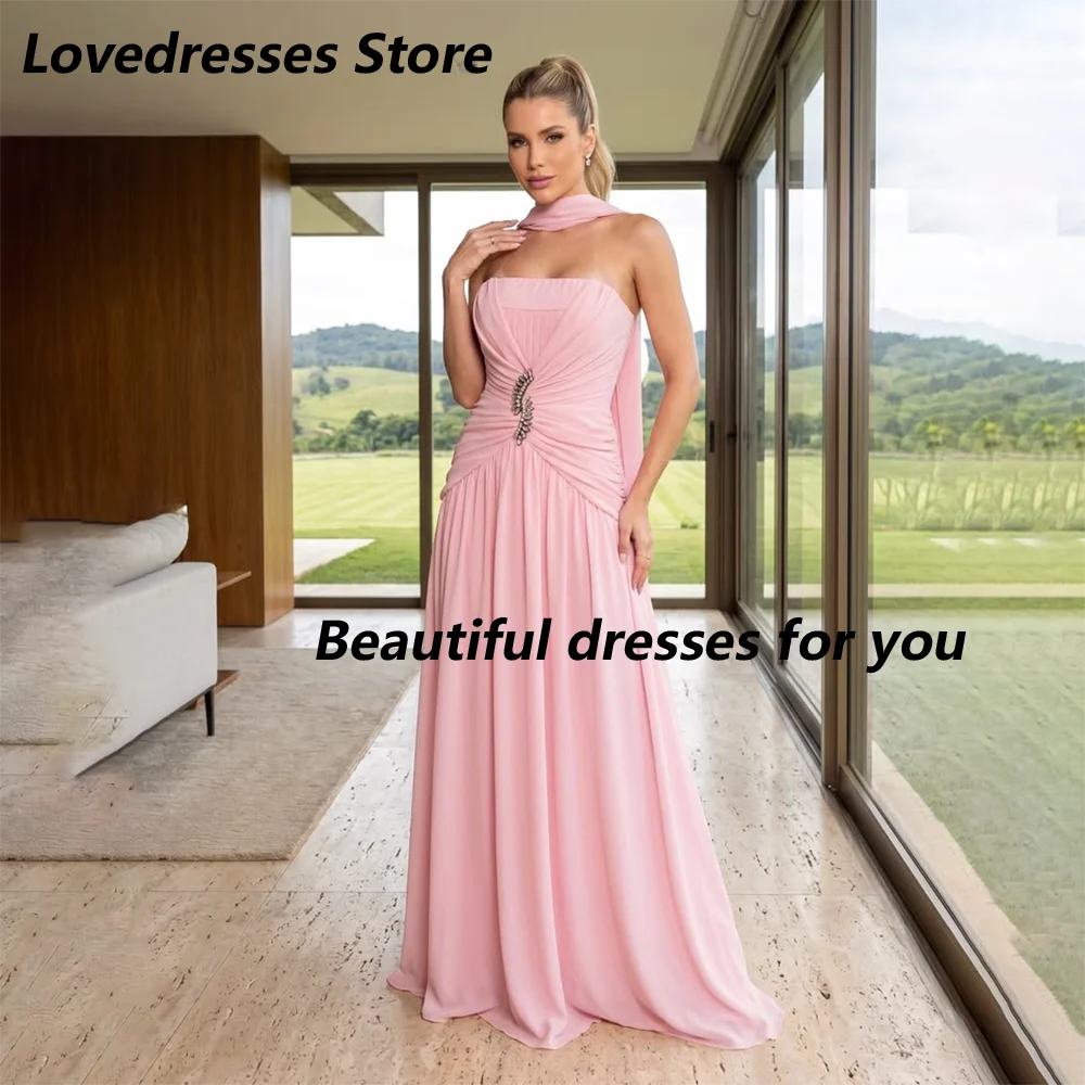 Pink Evening Dress Strapless Crystal Chiffon Draped Flowy Floor Length Formal Gown Elegant Wedding Guest Prom Dress Customized