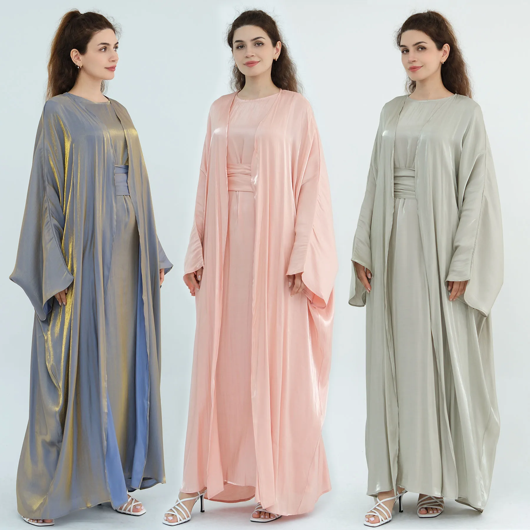 Summer Shiny Hijabi Abaya 2PC Set, Evening Party Muslim Women Suit, Sleeves Dress+Batwing Sleeves Abaya, Dubai Islamic Clothing