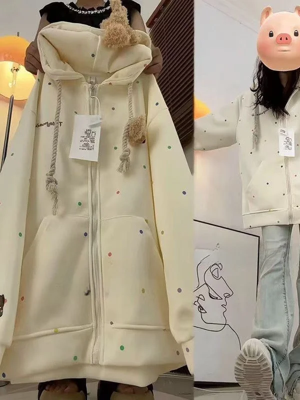 

Толстовка с капюшоном и рисунком милого медведя, свободного кроя, на молнии, в горошек, повседневная, универсальная, для весны и осени