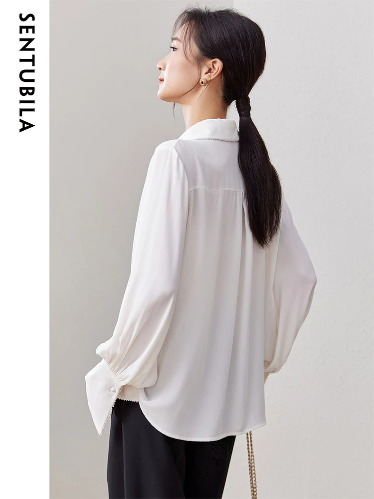 SENTUBILA Lantern Sleeve White Shirts & Blouses for Women 2024 Elegant Patch Lace Long Sleeve Tops Relaxed Fit Button Up Shirts