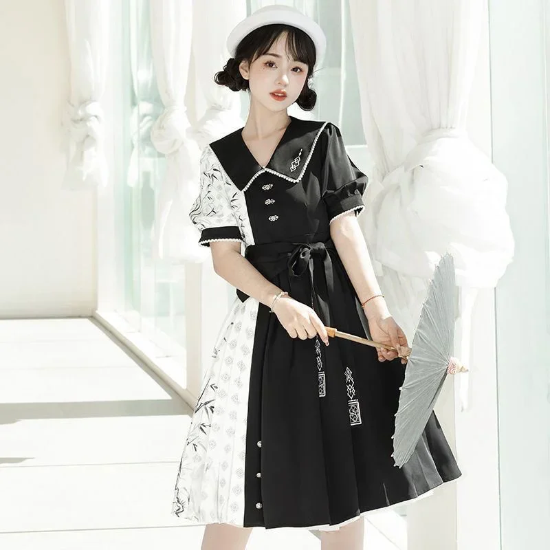 [Ink Bamboo] Chinese Element Short Sleeve On Dress Improved Qipao Cheongsam Daily Hanfu Skirt Spring Black White Lolita