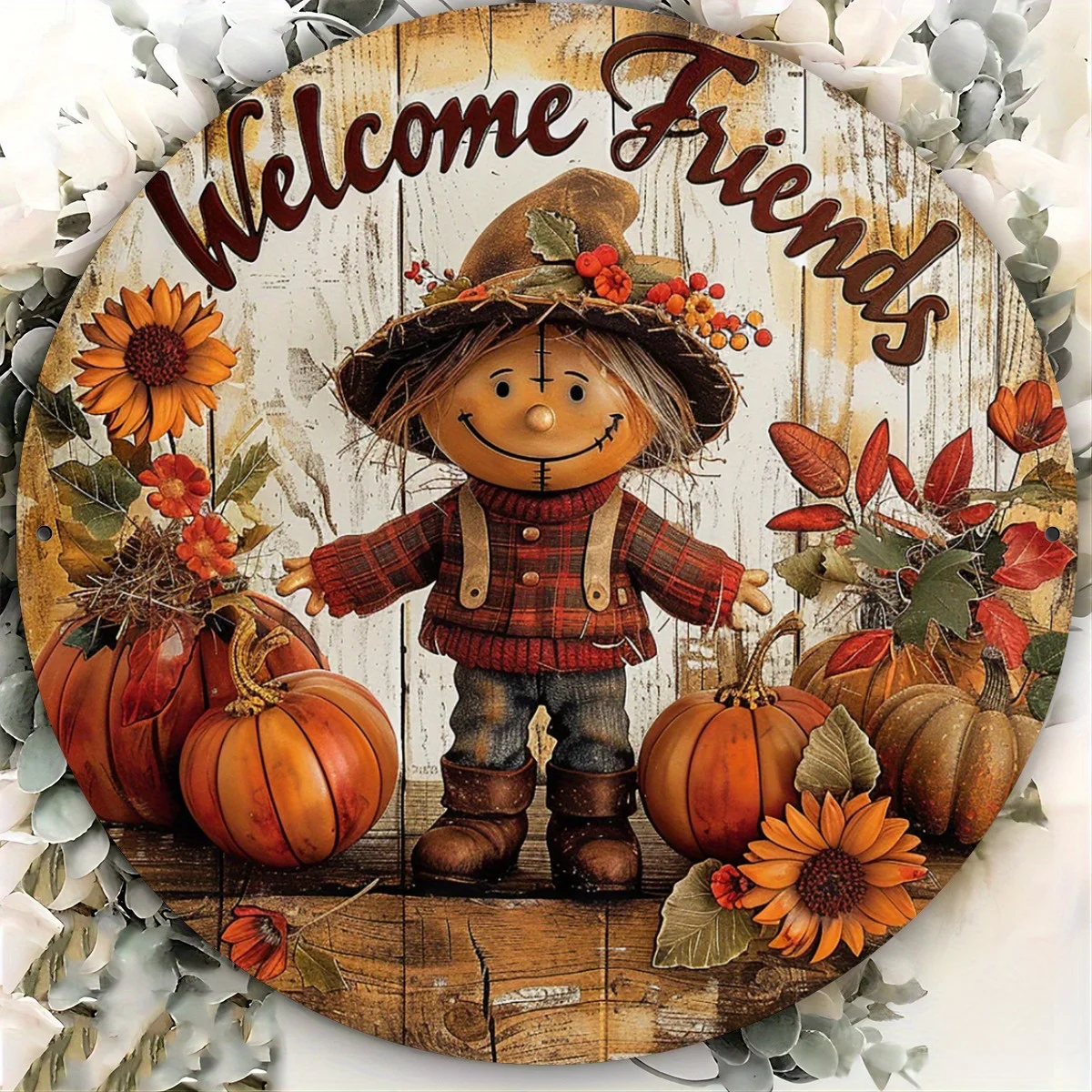 CIFBUY Rustic Farmhouse Harvest Scarecrow Pumpkin Round Aluminum Wall Art, Waterproof Durable Metal Sign for Kitchen Garden