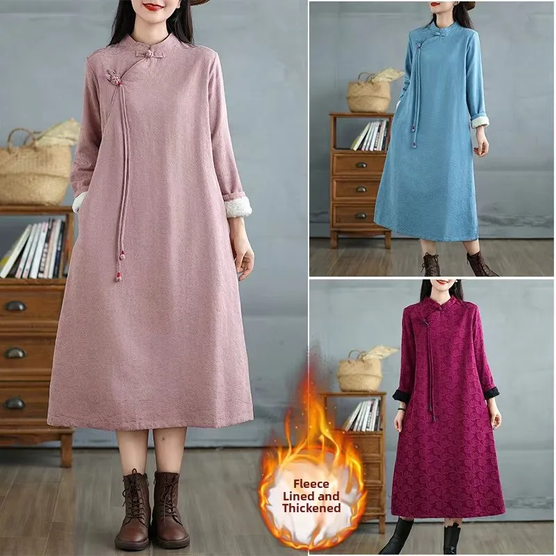 

Thiened Floing Chinese Sle Long Qipao Dr Женская зимняя модная юбка в стиле ретро с базовым слоем, модная смесь хлопка