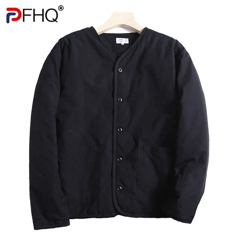 PFHQ 2023 Autumn New Trendy Japanese Vintage Collarless Jacket Fashion Mens Simple Thin Cotton Coat High Quality Clothes 21Q1971