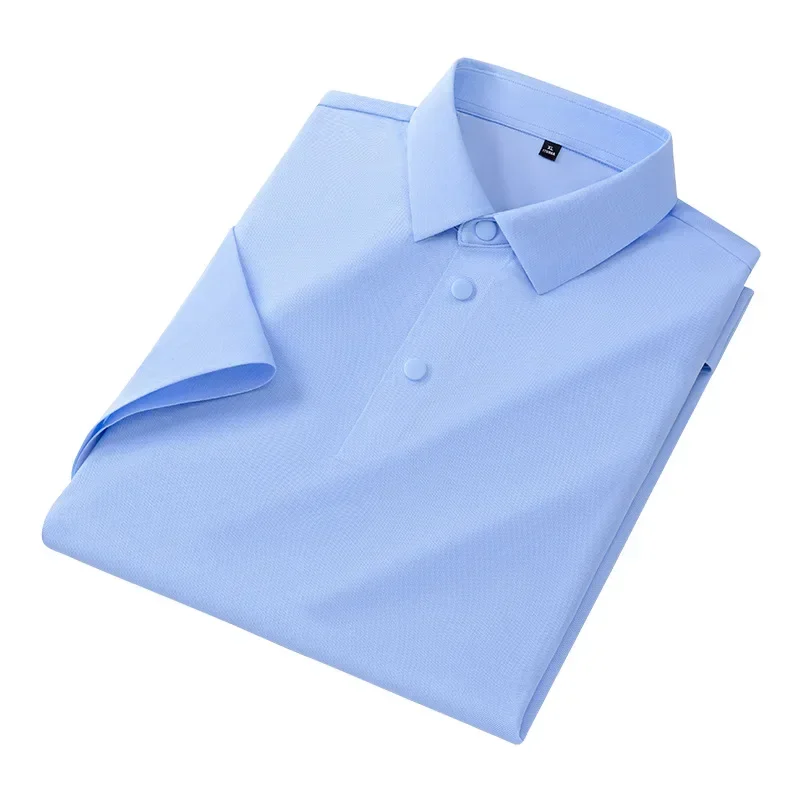 Summer seamless ice silk short-sleeved polo men's [snap] casual stretch non-ironing quick-drying lapel T-shirt knitted polo