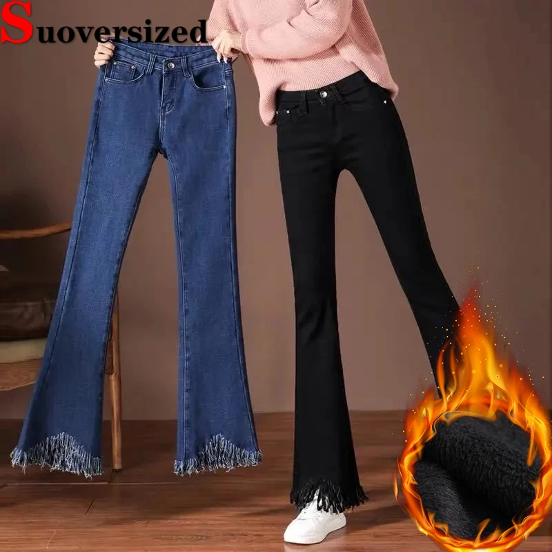 

Plus Velvet Slim Womens Jeans Winter High Waist Bell-bottoms Thicken Warm New Denim Pants Vintage Fashion Flare Pantalones