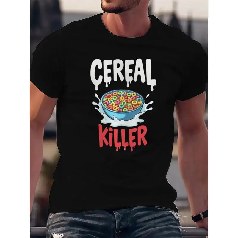 

Funny Cereal Killer T-Shirt Men Breakfast Food Lover Tee Humorous Bowl Of Cereal Print Pun Design Casual Top Gift for Foodie