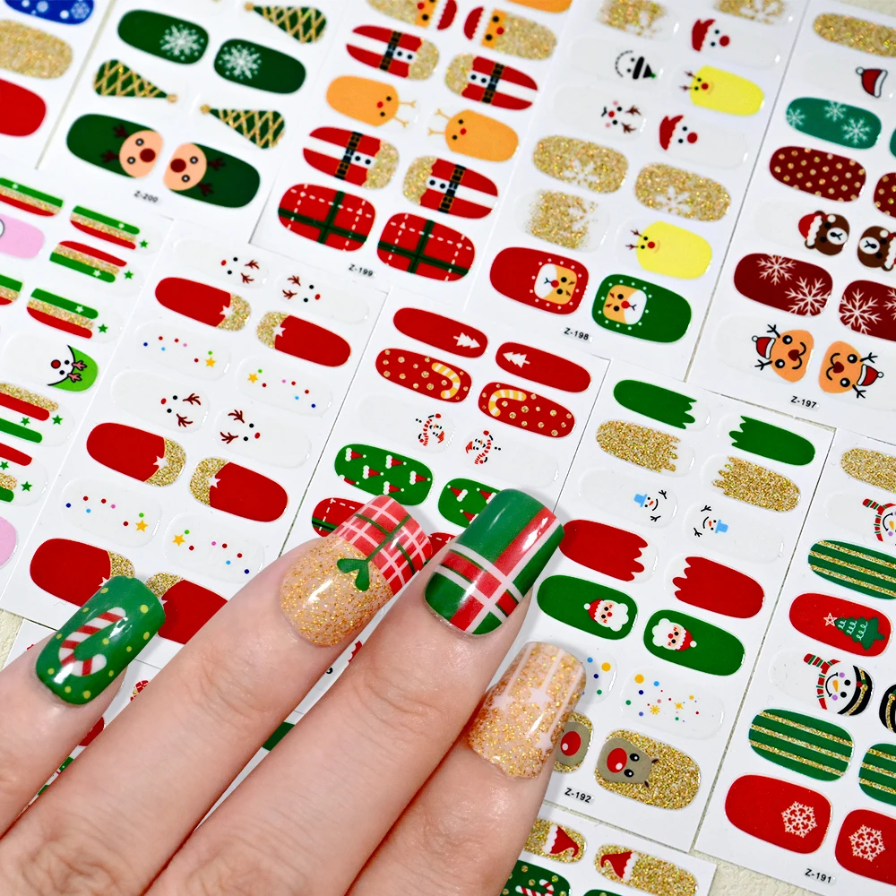 14Tips Bakken Gratis Kerstserie Nagellakstickers Strips Effen Nail Art Decoraties Hartontwerpen Glitterpoeder Manicure