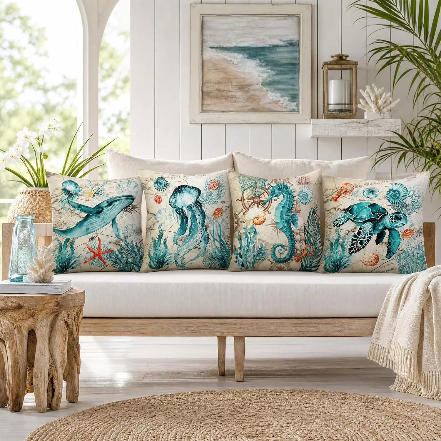 High Quality Set of 4 Ocean Life Pillow Covers Nautical Sea Decor Throw Cushions Marine Tropical Underwater Polyester Print Sham
