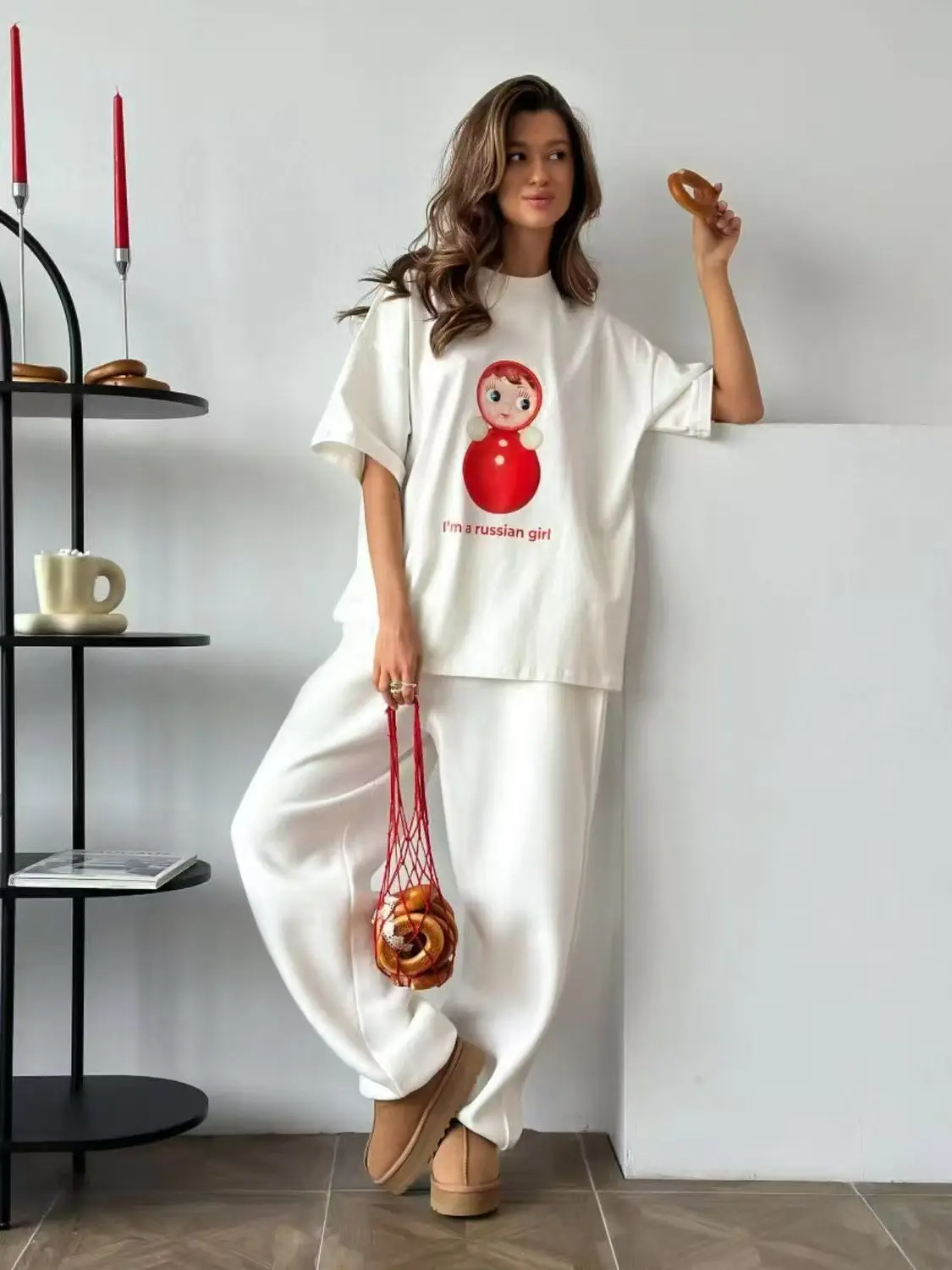 Cartoon Russian Girl Print 100% Cotton Short Sleeve Oversized T Shirt Women Summer Casual Europe Loose Graphic T Shirts 2025