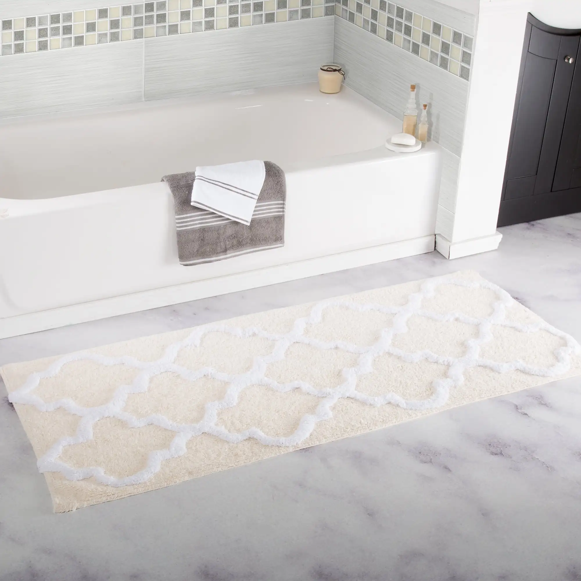 

100% Cotton Trellis Bathroom Mat - 24X60 Inches - Bone
