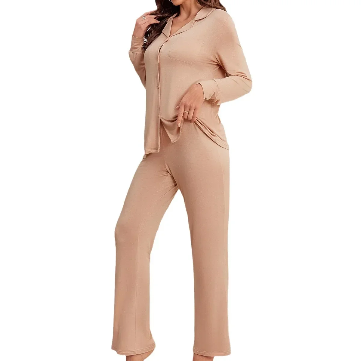 Solid Color Women Pajama Set Long Sleeves Front Button Top & Full-Length Pants Spring Fall Female Sleepwear 2 Piece Nightwears