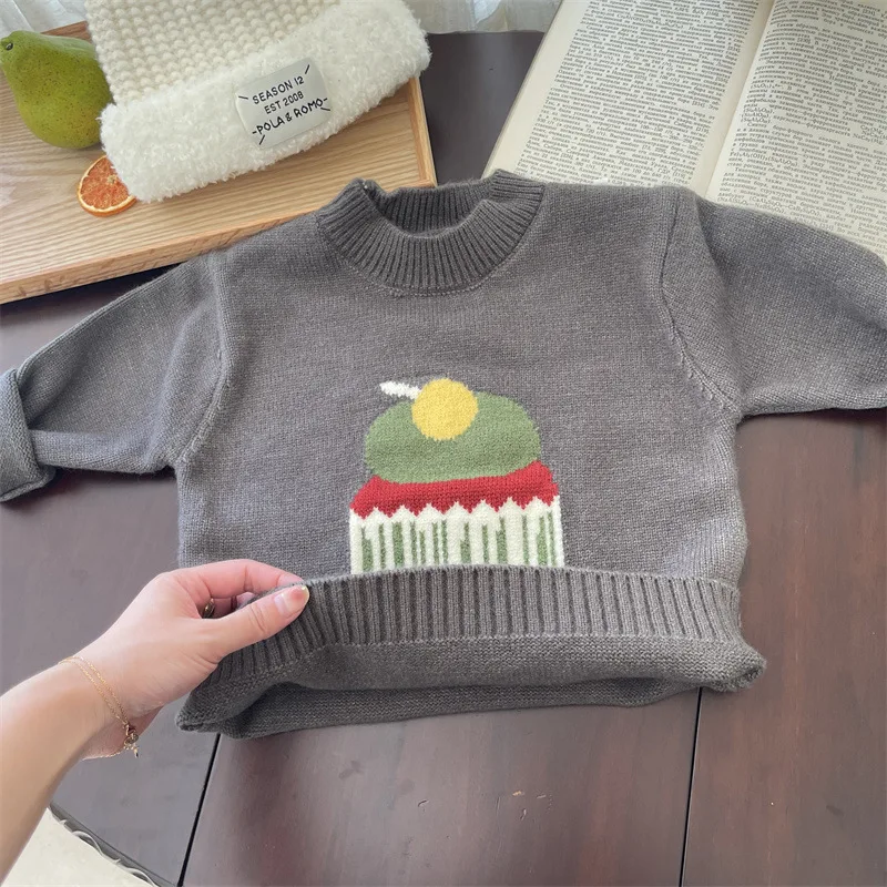 2024 Winter Children Girls Sweater Cartoon Cake Knitted Toddler Baby Girls Pullovers Korean Style Soft 1-6Y Girls Knitwear Tops