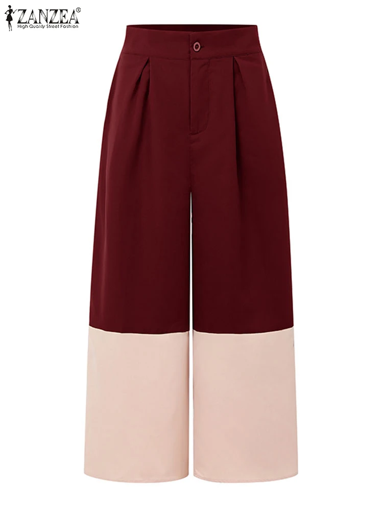 ZANZEA 2025 Fashion Women Long Trousers High Waist Pockets Wide Leg Pants Autumn Casual Color Patchwork Streetwear OL Pantalons