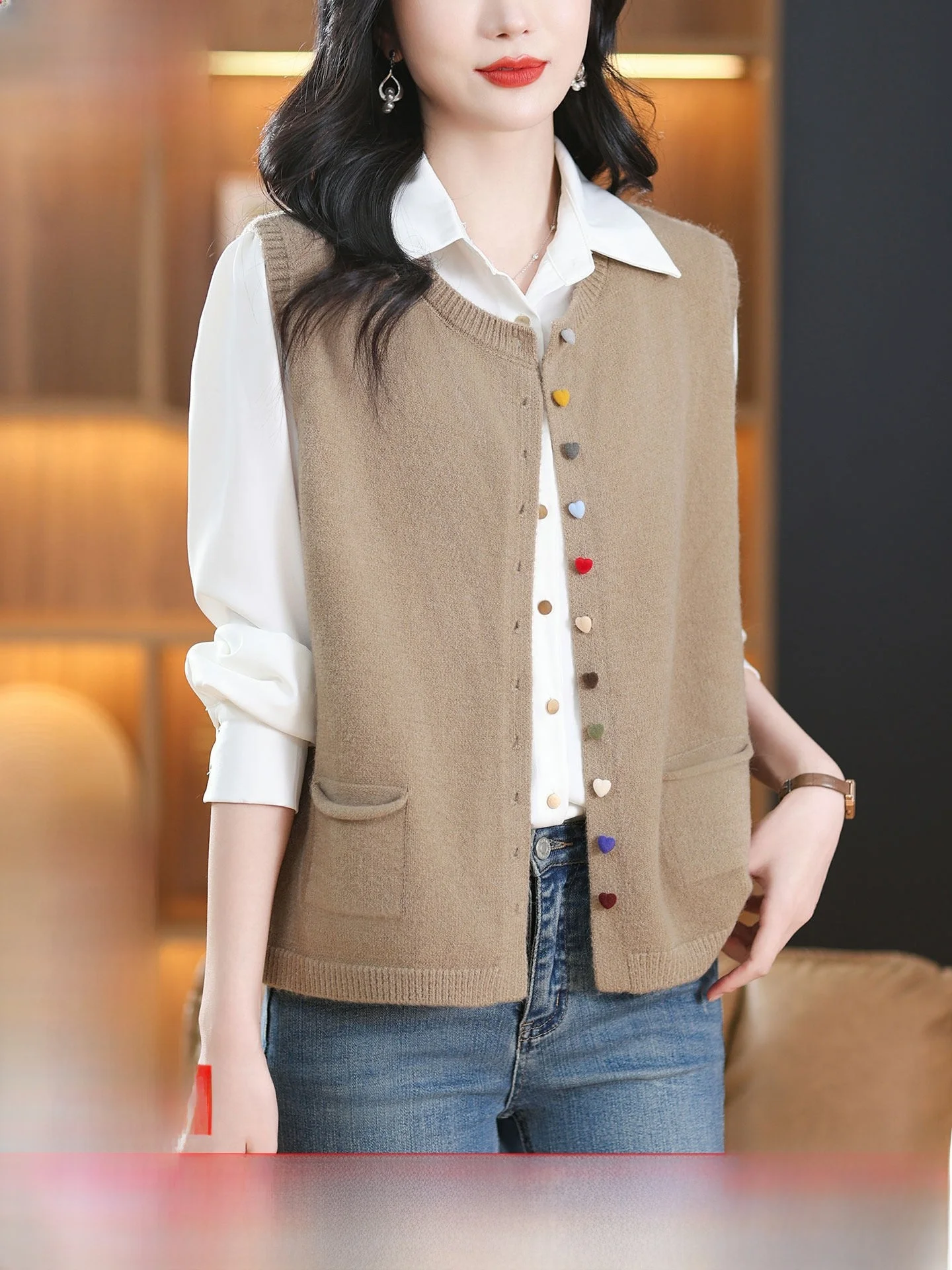 

Женский вязаный шерстяной жилет Erdos Pure Color с круглым вырезом, весенняя верхняя одежда, модный кардиган для повседневной носки, теплый и стильный.