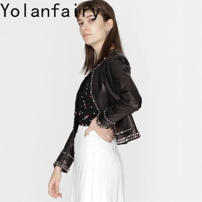 YOLANFAIRY Fashion Genuine Leather Jacket Women High Quality 100% Top Layer Sheepskin Real Leather Coat Round Collar Clothes