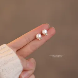 999 Sterling Silver Inlay Zircon Natural Pearl Stud Earrings for Women French Light Luxury Party Jewelry