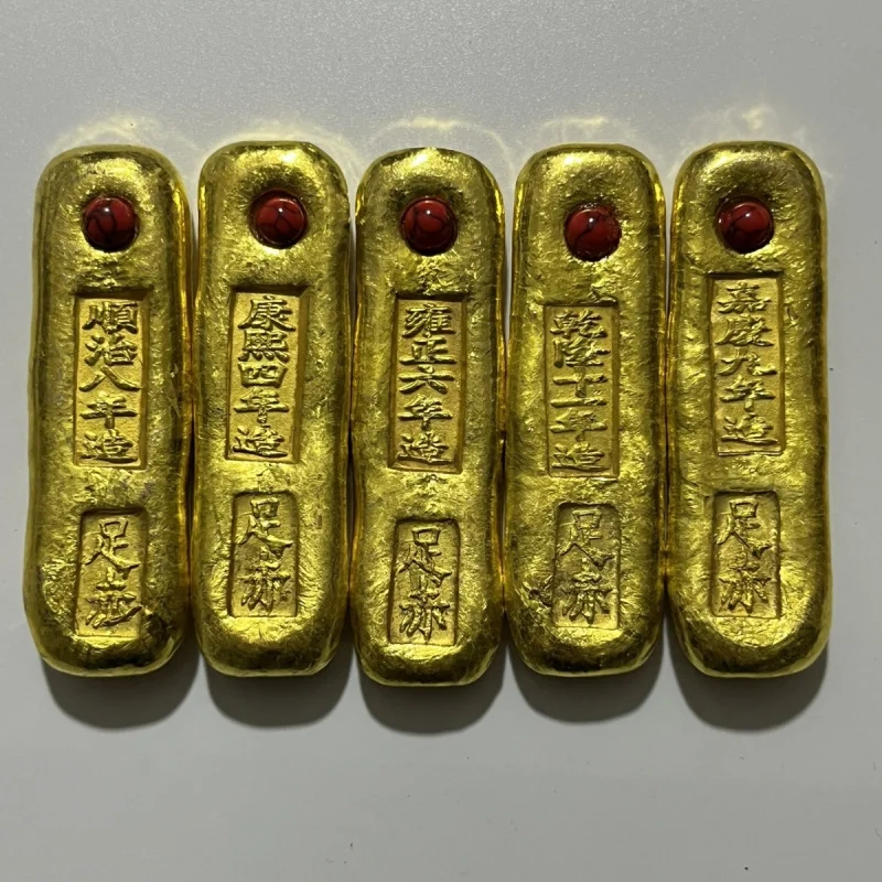 

Set of Five Emperors of the Qing Dynasty Pure Copper Gold-Plated Gem-Inlaid Five Emperors Gold Bars Film Props Antique Collectio