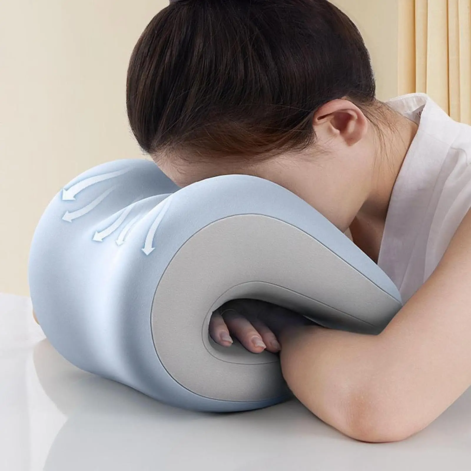 Ergonomic Office Nap Pillow for Supine & Natural Sleep,Portable Light Blue Neck Support Cushion with Adjustable Strap