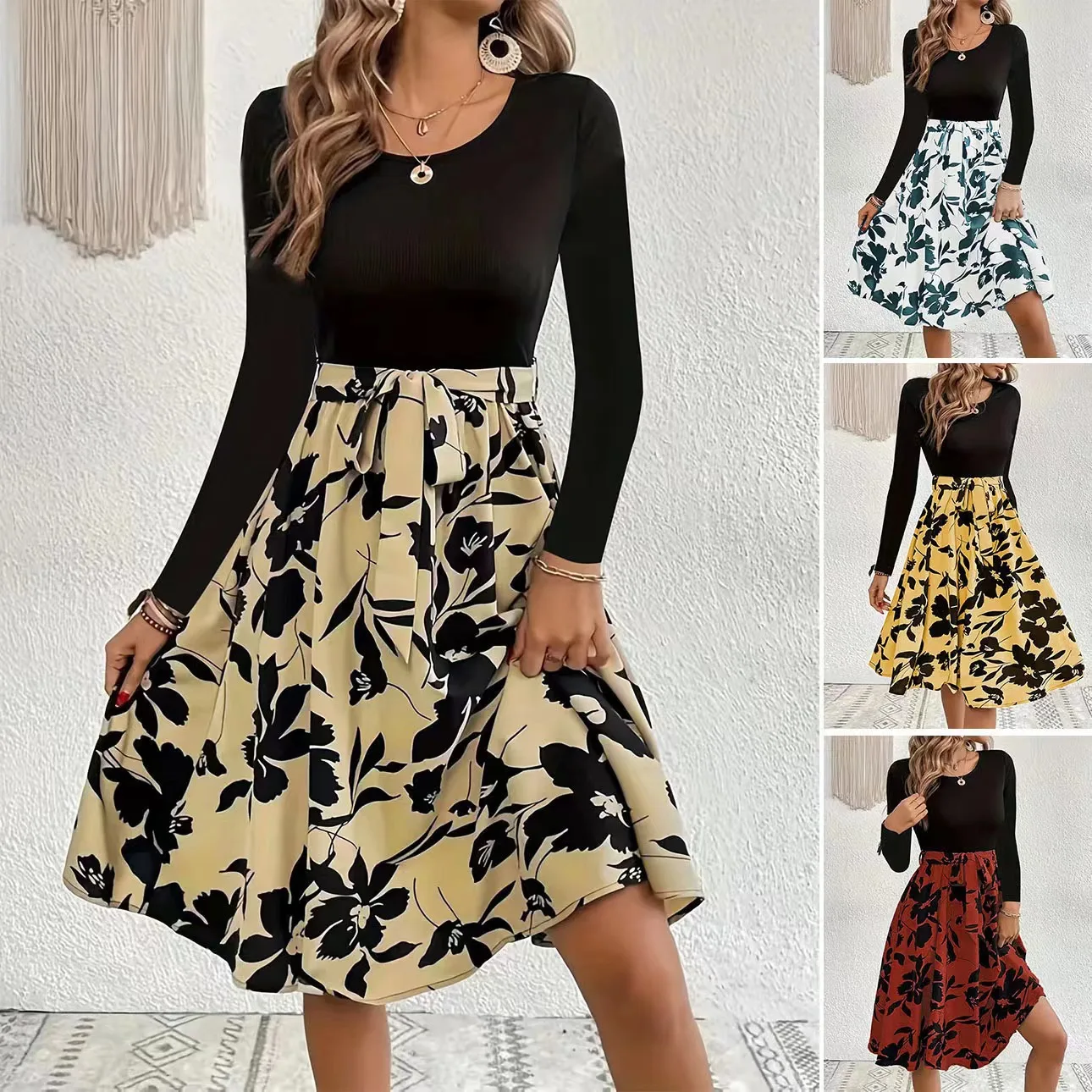 

Autumn Winter New Bow Bandage Midi Dress Women Long Sleeve O-Neck Casual A-Line Dress Vintage Elegant Flowers Printed Dresses