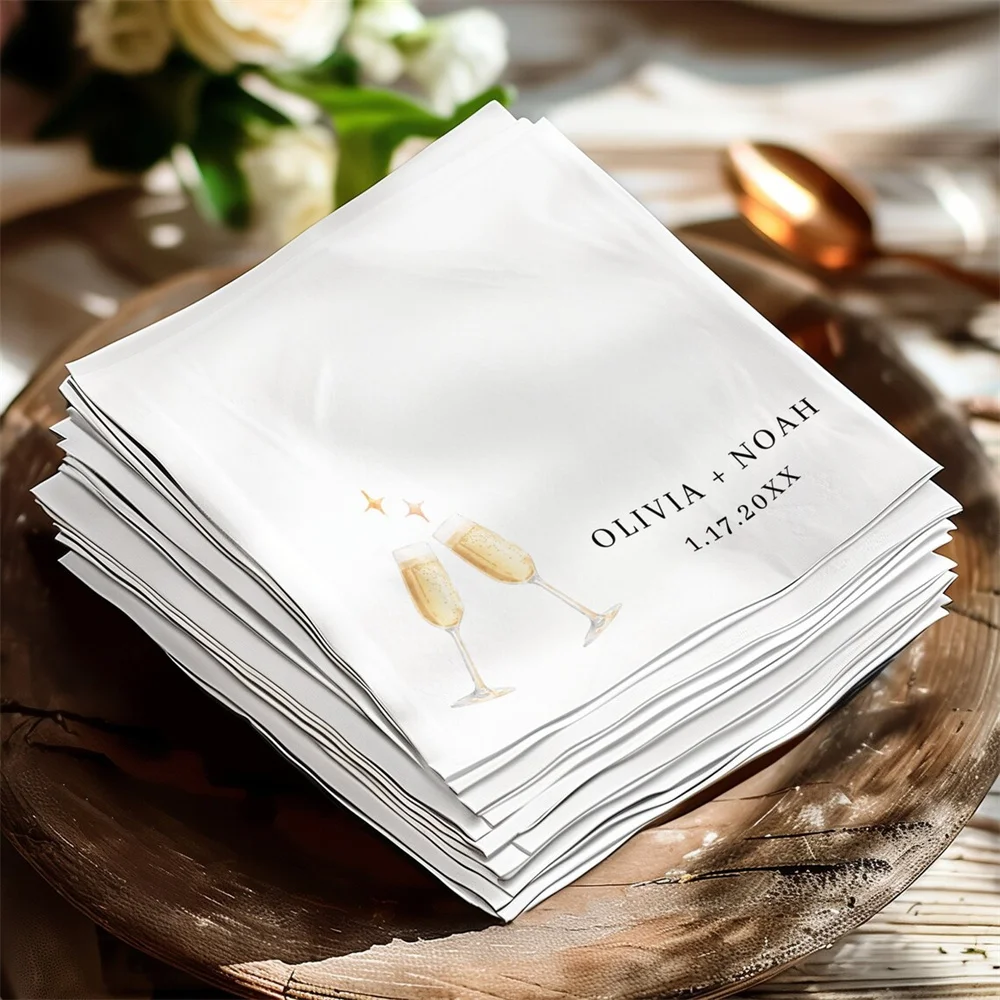 50PCS Elegant Custom Napkin with Champagne Toast, Personalized Napkins for Wedding Anniversary Engagement, Wedding Cocktail Napk