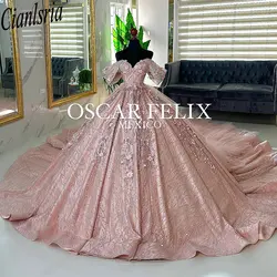 Rose Gold Off The Shoulder Beading Sequined Ball Gown Quinceanera Dresses 3D Flowers Appliques Lace Corset Vestidos De 15 Años